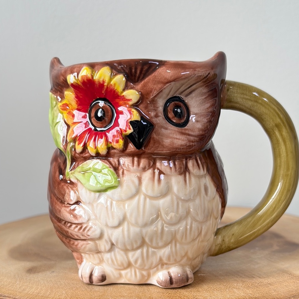 Pier 1 Brown Owl Ceramic Coffee Mug with Yellow Flower Accent
